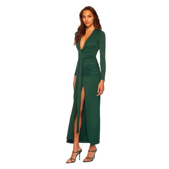 NWT Susana Monaco Green tuileries Ruched Draped Long Sleeve Maxi Dress Medium - Picture 3 of 10
